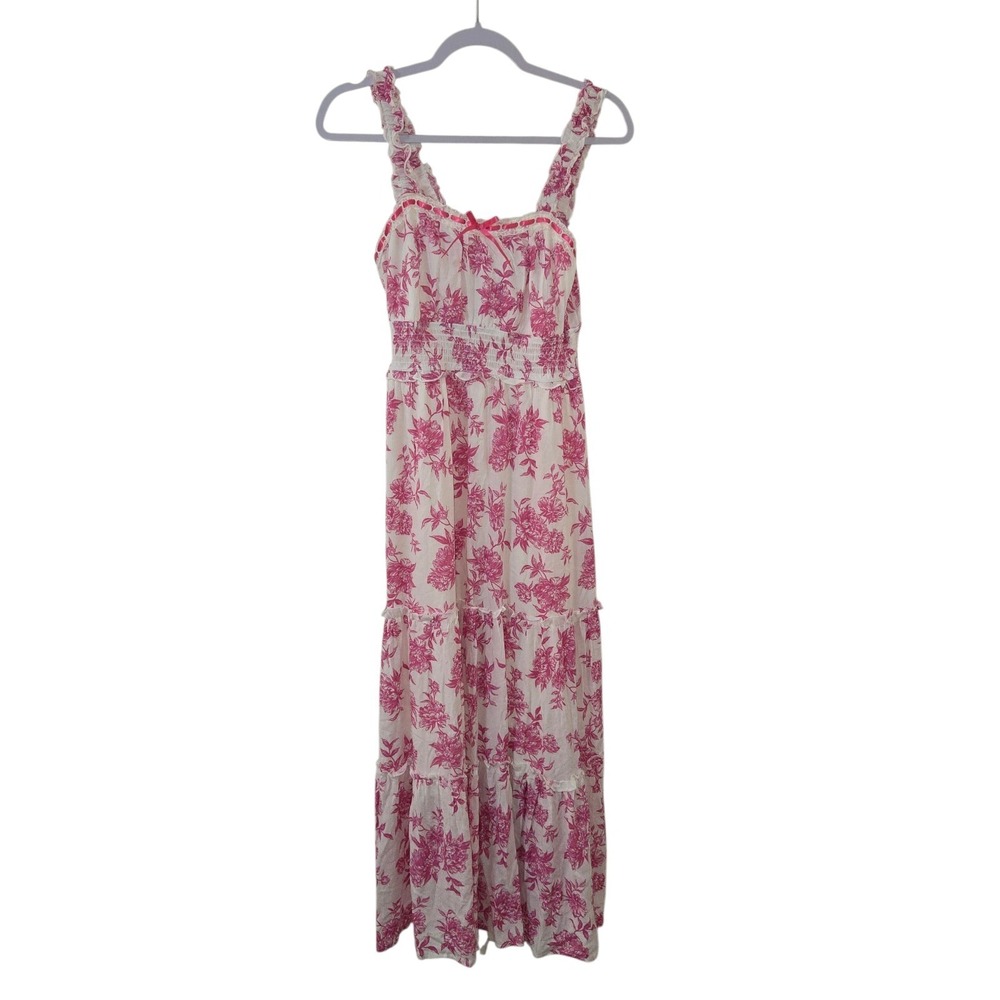 Inspired Hearts Pink Floral Midi Dress Tiered Smocked Cottagecore Large